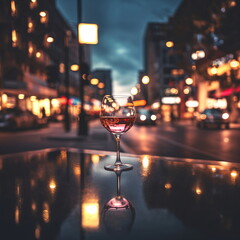 Wall Mural - glass of red wine on table in street cafe at evening on city blurred car traffic light