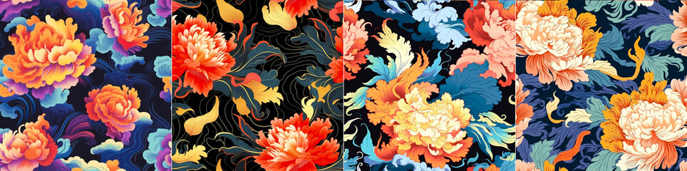 Wall Mural - Artwork by Kazumasa Nagai depicting burning peonies and billowing smoke. Seamless pattern for various uses such as textiles, wallpaper and stationery. Unique and bright combination of floral elements