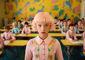 In a vibrant pastel classroom, a young girl wearing a pink wig sits amongst a group of wide-eyed children, embodying the energy and innocence of youth as they learn together in a safe and stimulating