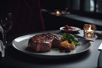 Wall Mural - Grilled Beef Steak on Plate with Restaurant Table Background