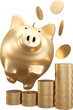 Gold Piggy bank jump with with falling coins, concept saving money for investment ,financial plan,3D rendering