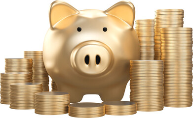 gold piggy bank with with money coins, concept saving money for investment ,financial plan,3d render