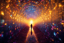 A Silhouette Of A Person Emerges Within A Vibrant Kaleidoscopic Tunnel Of Iridescent Light, Inviting An Enchanting Journey Of Colors And Wonder (Generative AI)