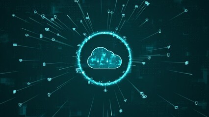 Motion graphic of Blue digital cloud computing logo and ring rotation around logo with ai icon spread and line linked on abstract background with storage big data backup concepts
