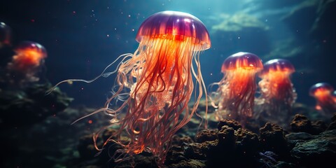 Wall Mural - AI Generated. AI Generative. Red jellyfish underwater wildlife sea ocean aquarium life. Graphic Art