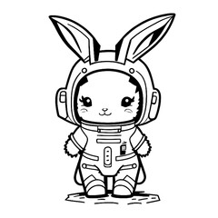 rabbit in an astronaut suit in a space helmet, standing on two feet, cartoon style, happy bunny, black and white, vector, coloring page, character, a cartoon style,