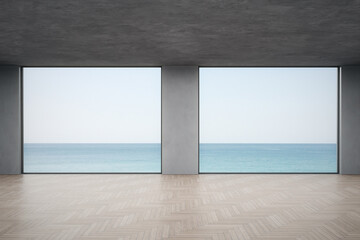 Empty concrete room with wood floor. 3d rendering of abstract interior space with sea background.