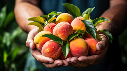 Hands holding freshly plucked peaches in a garden; background with empty space for text