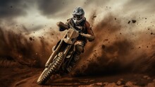Motocross Racer Accelerating In Dust Track. Motocross Bike In A Race Representing The Concept Of Speed And Power In Extreme Man Sport. Generative Ai.