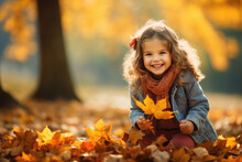 Adorable Happy Little Girl Playing With Maple Leaves In Autumn Park