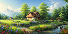 Panorama Summer Village Assortment Blooming Flowers With Green Foliage Of Trees. Wonderful Place Environment. Fantasy Realistic Environment