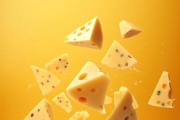 Some triangular cheese floating in the air, with a yellow background. AI generated