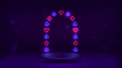 Wall Mural - A unique podium with bright neon suits of cards. A casino and poker platform with a shiny frame on a dark blue and purple background.