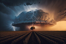 Amazing Thunderstorm Supercell Cloud With Lightning Bolts Flashing Over Horizon. Generative Ai