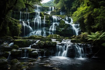 Breathtaking shot of a cascading waterfall, detailed texture of water and rocks.