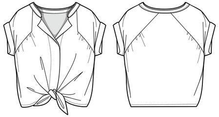 girls sleeveless blouse with knot hem woven top design flat sketch fashion illustration vector templ