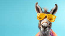 Funny And Colorful Donkey Foal With Sunglasses And A Colorful And Bright Background. Summer Vacation Concept. Generative Ai