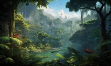  A Painting Of A Tropical Jungle With Birds Flying Over The Water.  Generative Ai
