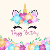 Fototapeta Motyle - Greeting card with cute colorful unicorn. Birthday celebration. Border of flowers. Birthday template. Vector illustration in a flat style.