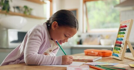 Sticker - Education, writing and happy girl child in a kitchen with maths, homework or counting practice in her home. Learning, creative and female kid smile while drawing on a table for homeschool math lesson