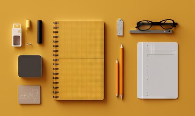 Sticker -  a notebook, pen, glasses, and other office supplies on a yellow surface.  generative ai