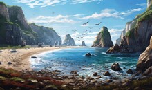  A Painting Of Birds Flying Over The Ocean Near A Rocky Beach.  Generative Ai