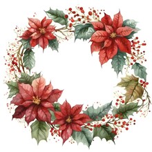 Watercolor Clipart Christmas Red Poinsettia Wreath, White Background, High Resolution
