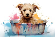Watercolor Style Illustration Of Cute Dog Take A Bath In Bathtub With Color Splash, Generative Ai