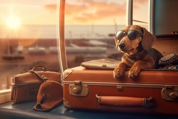 A dog waiting to travel on a suitcase at the airport