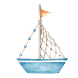 Cute watercolor ship, boat illustration. Hand painted summer sea nautical  isolated on white background.