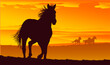 silueta de cabajllo, caballo, paisaje, atardecer, vectores, galope, montaña, lienzo, colinas, horizonte