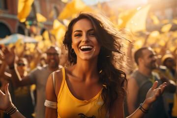 Wall Mural - Female fans of soccer, women on the stand of soccer, supporting their favorite team, emotions joy laughter and shouts of joy and support . fan club 