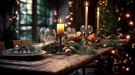 Christmas decor and serving dishes on a dining table full of dishes with food and snacks, New Year's decor with a Christmas tree in the background.