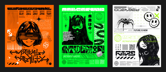 retrofuturistic posters with cute anime girls, hi-tech, y2k geometric shapes, hud interface. cyberpu