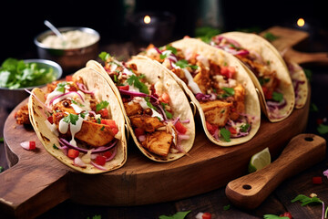 Crispy grilled chicken Tacos with vegetables served in wooden plate AI-Generated 