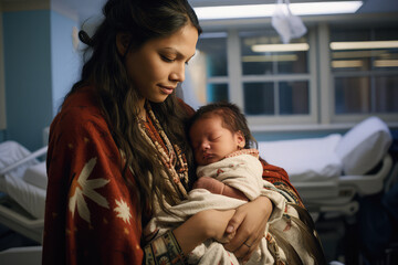 American Indian mother holding baby in a hospital room