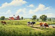 summer cows in field countryside with red barn  | Generative AI