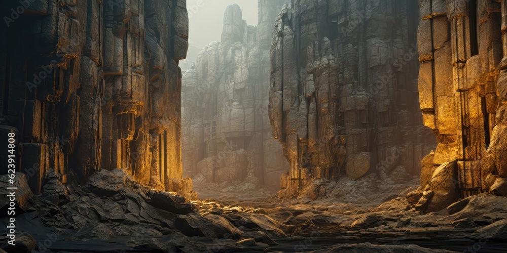 Rugged stone formations jut out majestically, composing a dramatic and ...
