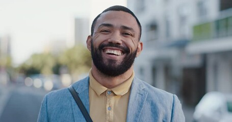 Sticker - Happy, business and face with man in city for corporate, mission and development. Smile, confidence and pride with portrait of male employee laughing in outdoors for mindset, focus and happiness