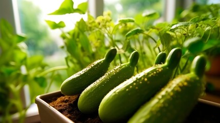 Fresh cucumbers on the counter display. Product for salads, low-calorie tasty vegetable for a healthy snack. Generative AI
