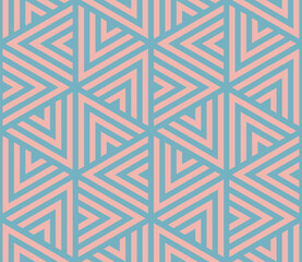 Wall Mural - Graphic Geometric Triangles Bold Lines Seamless Pattern Pale Blue Pink Colour Palette Vector Abstract Background. Old Fashioned Textile Design Repetitive Fine Ornament. Vintage Fancy Art Illustration