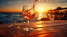 Glass Of  Wine  With Splash In Glass On Wooden Table On  Front Sunset  Beach Sea, Bokeh Sun Flares