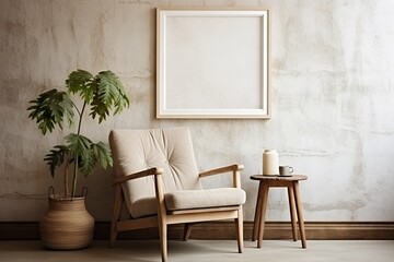 Blank picture frame mockup on a wall in a rustic interior. Artwork template mock-up in interior design. View of modern boho-style interior with chair