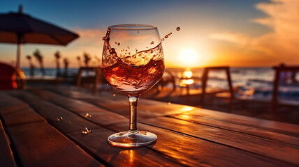 Wall Mural - glass of  wine  with splash in glass on wooden table on  front sunset  beach sea, bokeh sun flares