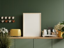 Mock Up Poster Frame In Kitchen Interior And Accessories With Dark Green Wooden Slatted Wall Background.