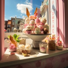 Poster - A window sill filled with cupcakes and ice cream. Generative AI.