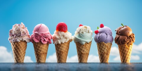 Poster - A row of ice cream cones with different flavors. Generative AI.