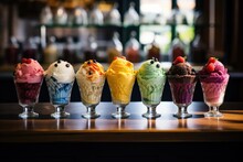 A Row Of Ice Cream Sundaes Sitting On Top Of A Wooden Table. Generative AI.