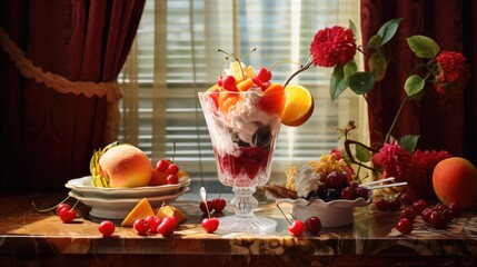 Canvas Print - A table topped with fruit and ice cream. Generative AI.