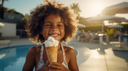 Poster - A little girl is eating an ice cream cone. Generative AI.